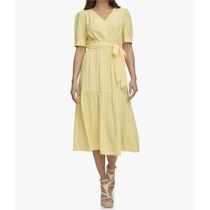 DKNY womens Chiffon Long Sleeve Faux Wrap Dress Yellow‎ 10 Preppy Layered